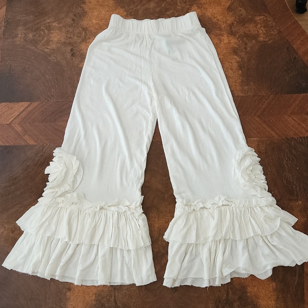 Girls White Ruffled Wide-Leg Pants